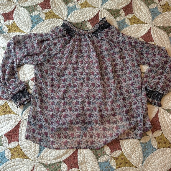 Zara maroon and cream floral sheer blouse with smocked collar and sleeves - Picture 8 of 9